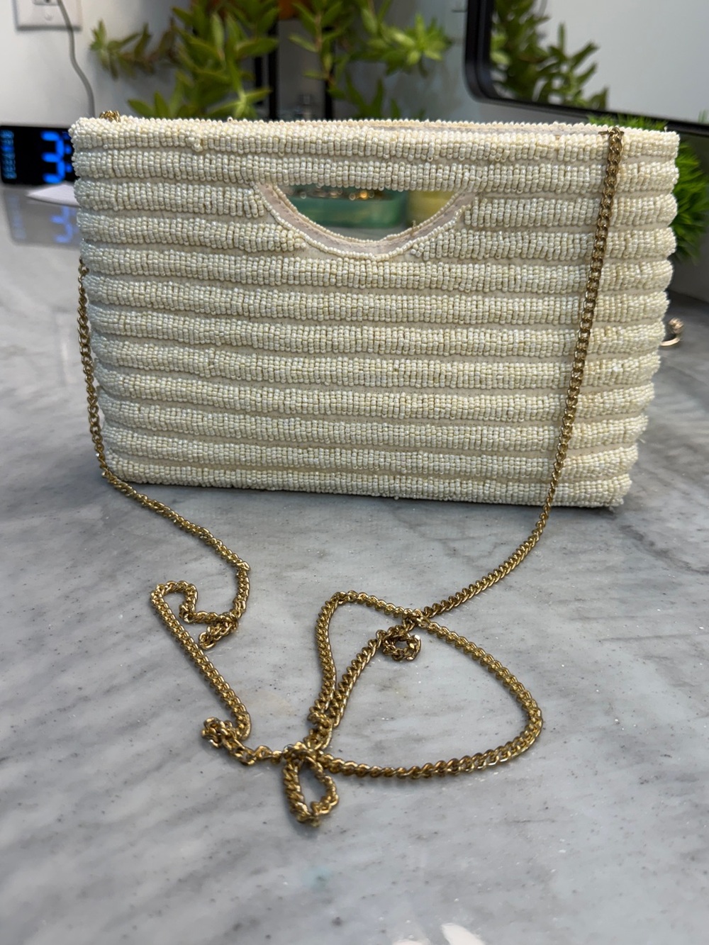 Antik Kraft Cream Beaded Clutch with Gold Chain